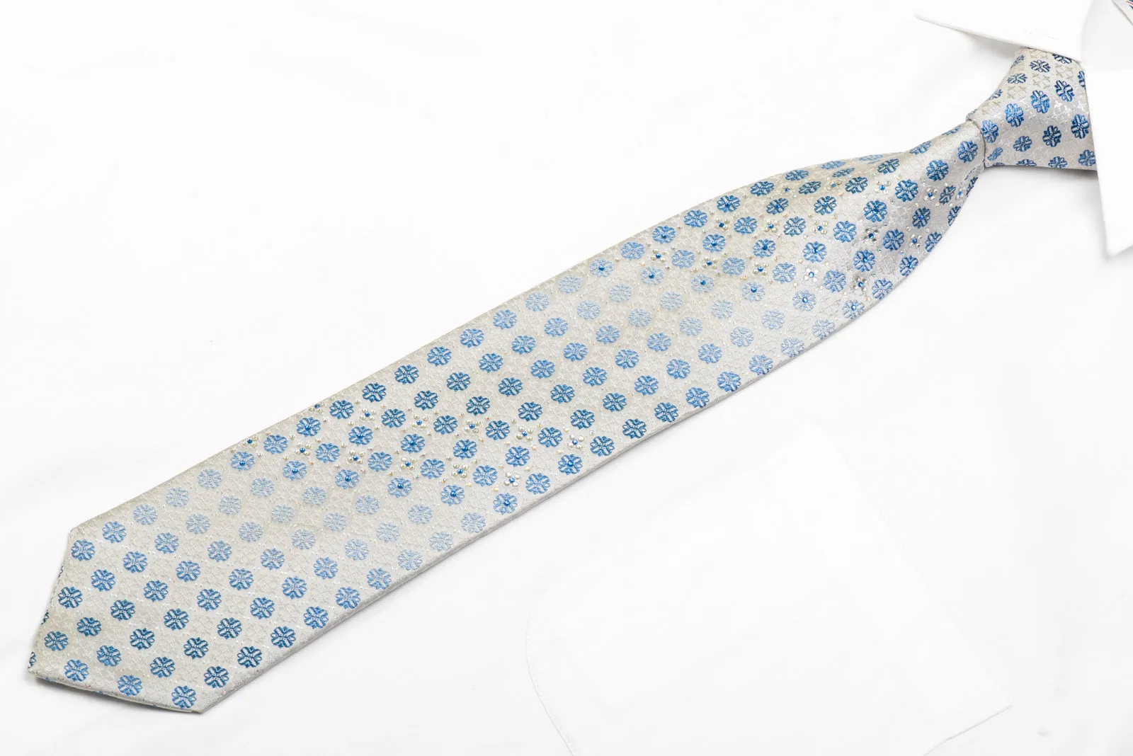 Avalon Rhinestone Silk Necktie Blue Foulard On White With Sparkles