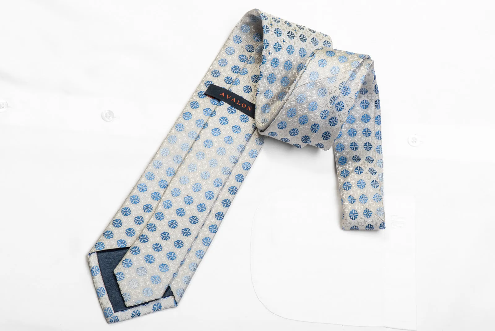 Avalon Rhinestone Silk Necktie Blue Foulard On White With Sparkles