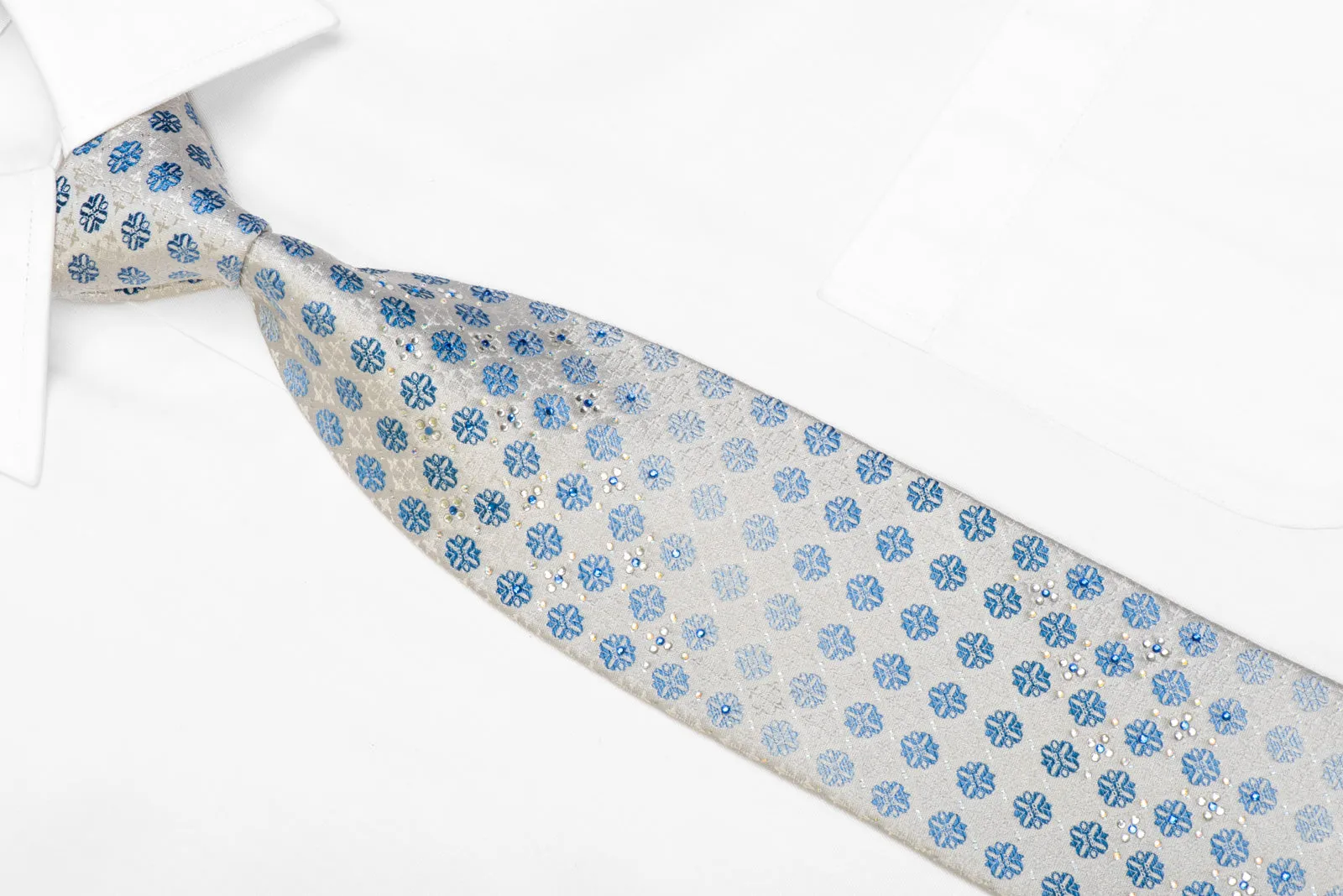 Avalon Rhinestone Silk Necktie Blue Foulard On White With Sparkles