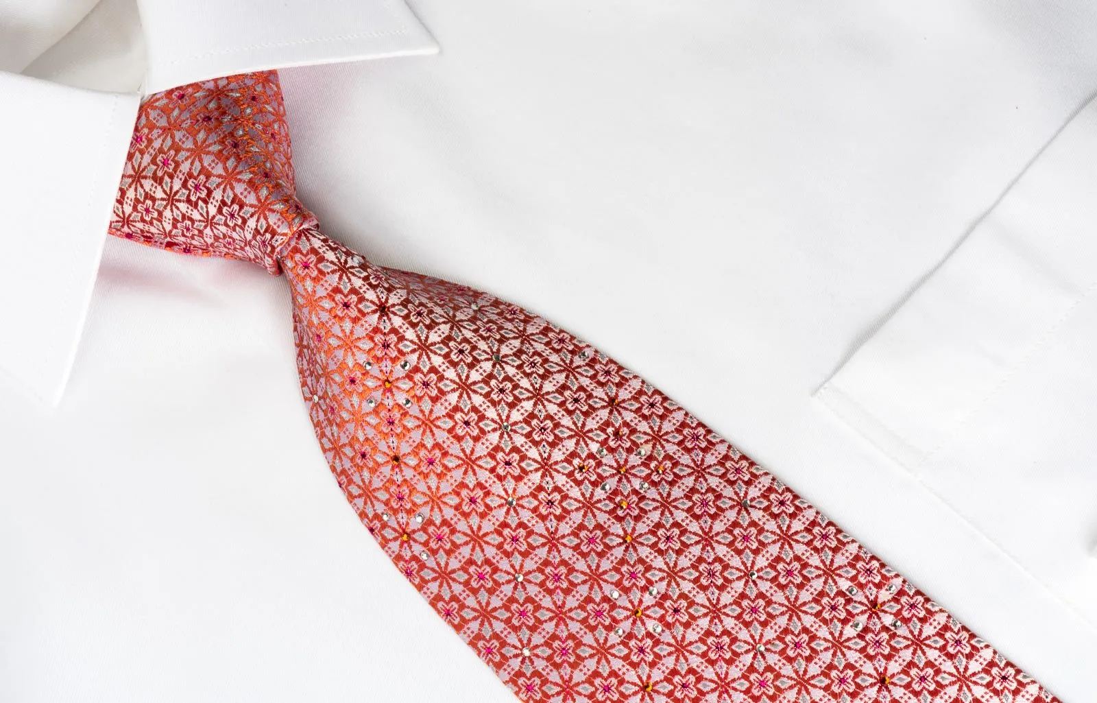 Belformo Rhinestone Silk Necktie Orange Geometric On White With Sparkles