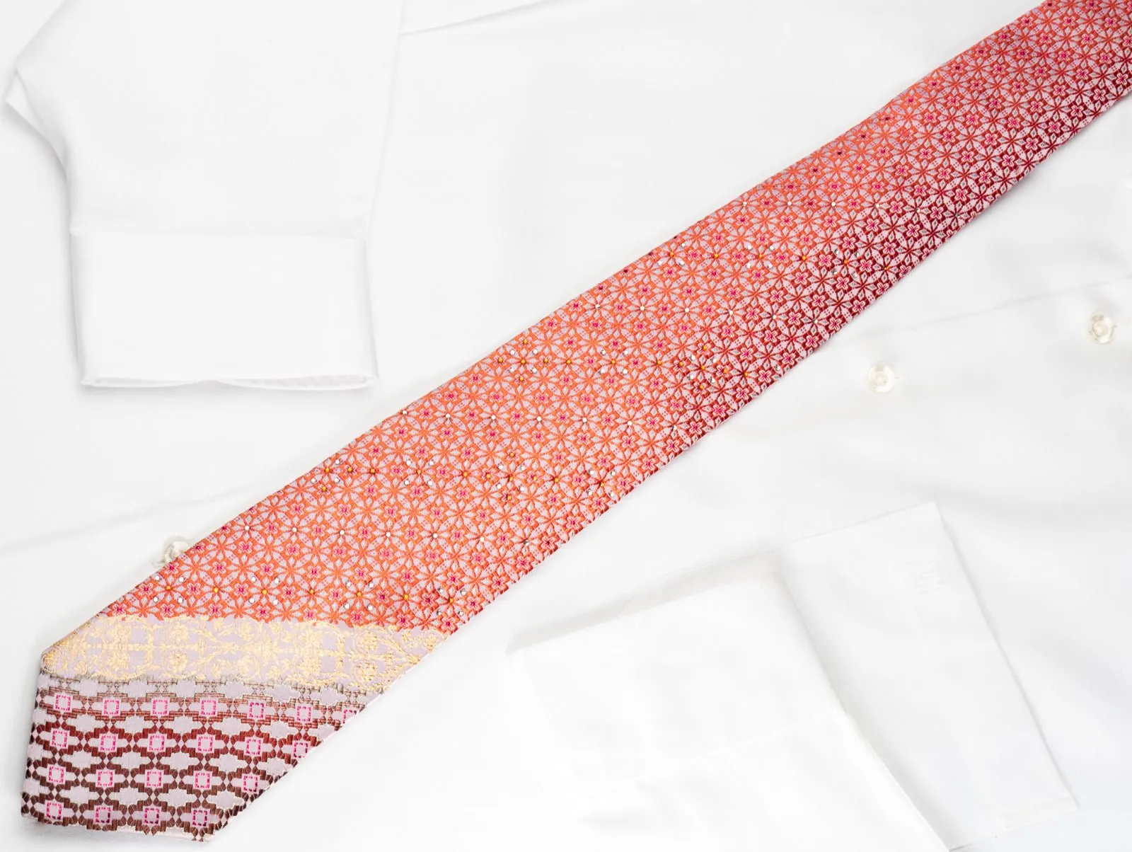 Belformo Rhinestone Silk Necktie Orange Geometric On White With Sparkles