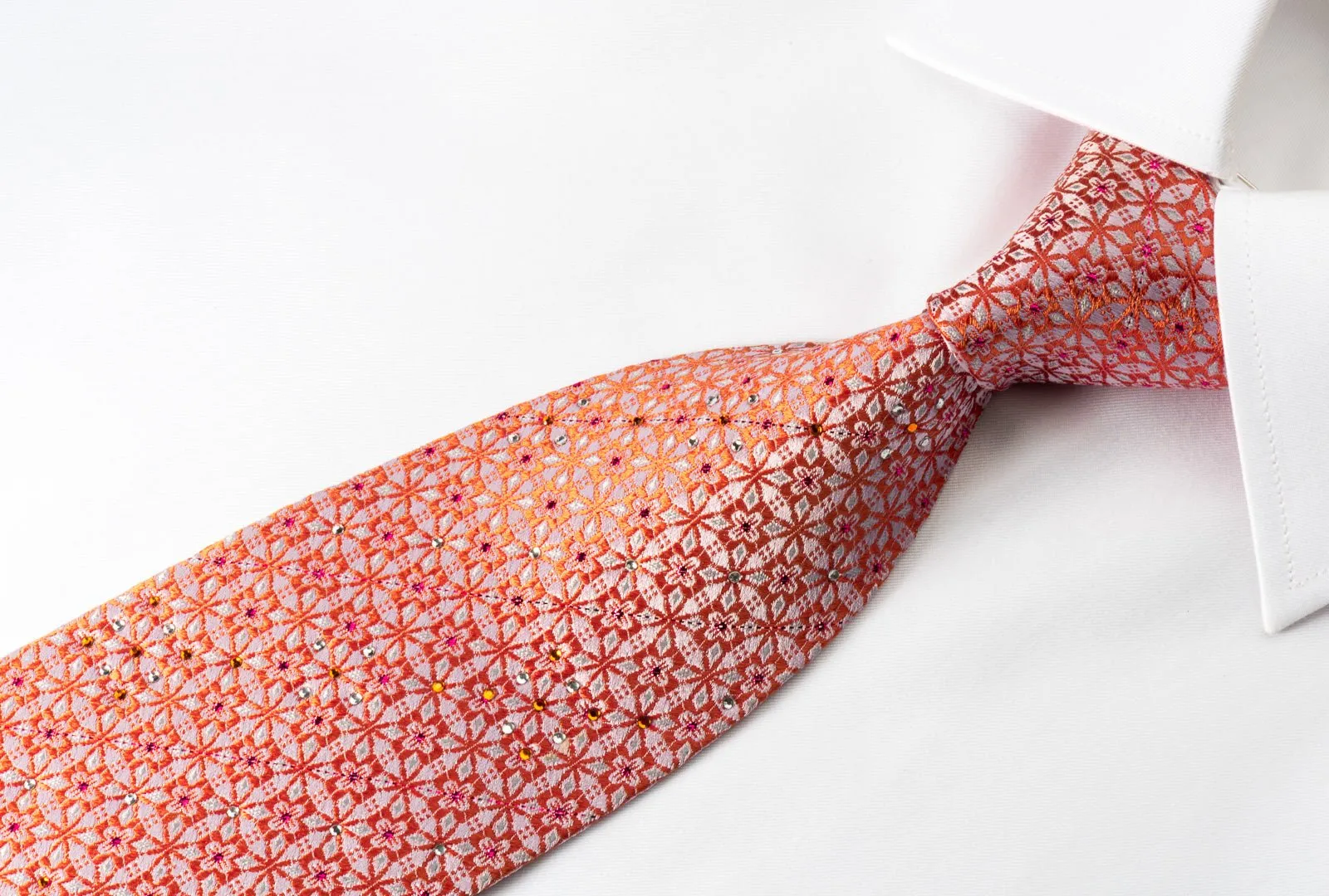 Belformo Rhinestone Silk Necktie Orange Geometric On White With Sparkles