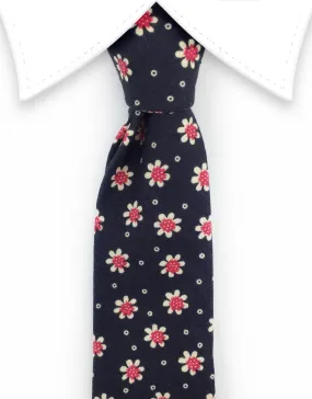 Black Cotton Tie with Red Flowers