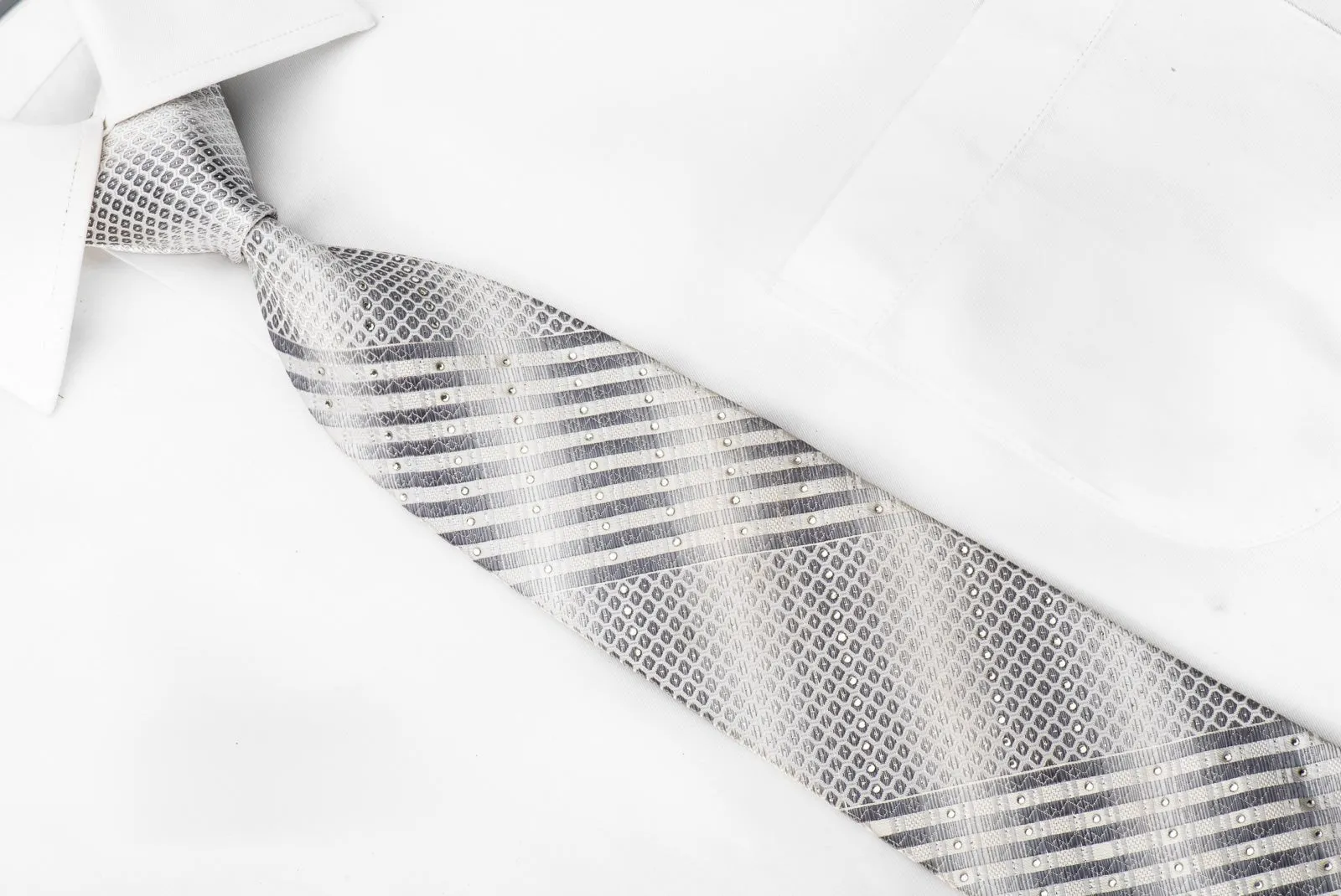 Blu Moon Men's Crystal Tie Silver Striped Trellis On White With Silver Sparkles