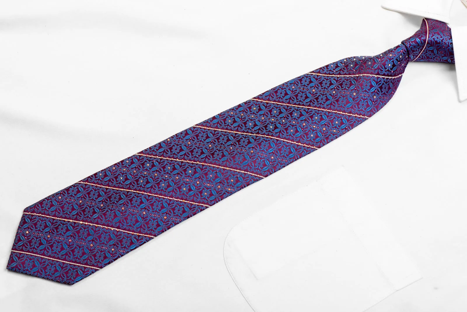 Blue Cartouche & Striped On Burgundy Rhinestone Tie With Sparkles