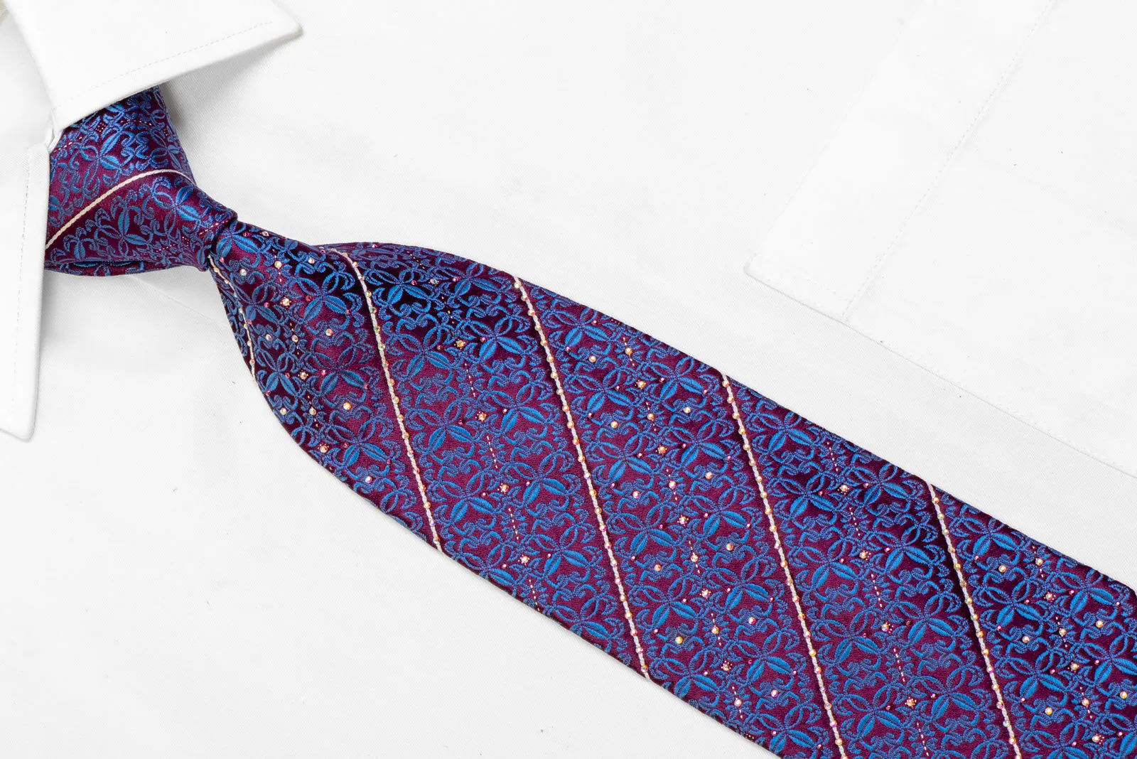 Blue Cartouche & Striped On Burgundy Rhinestone Tie With Sparkles