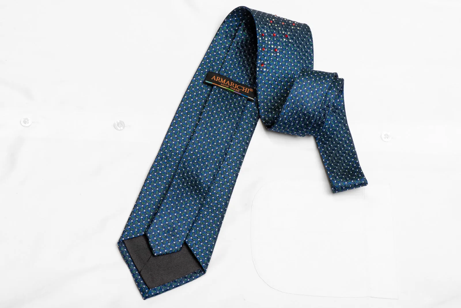 Blue Geometric On Gray Rhinestone Silk Necktie With Green Sparkles