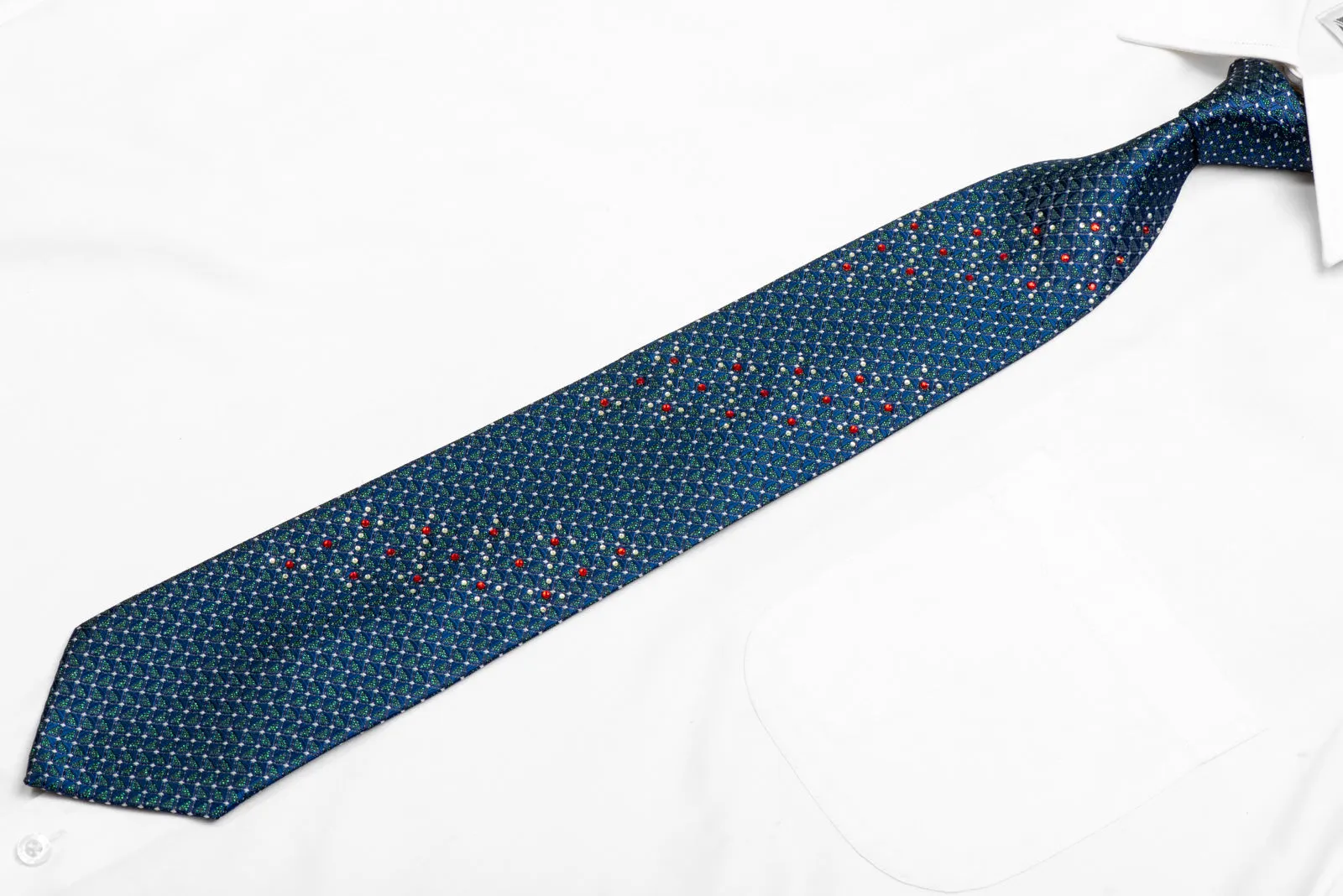 Blue Geometric On Gray Rhinestone Silk Necktie With Green Sparkles