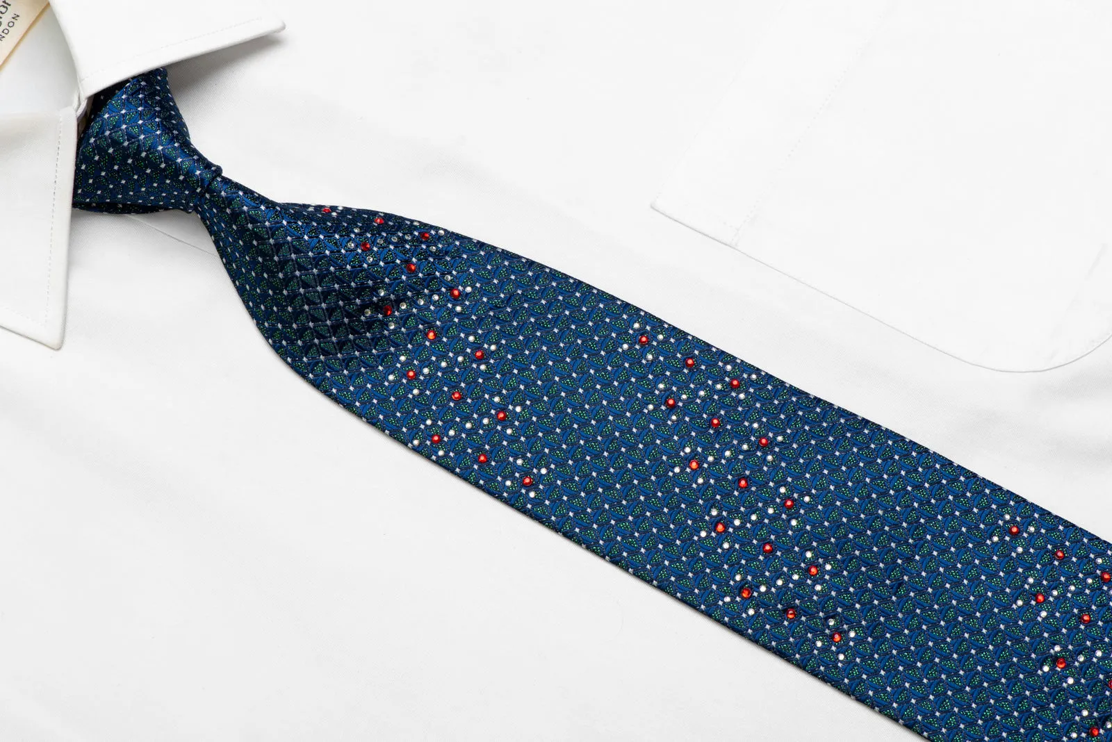 Blue Geometric On Gray Rhinestone Silk Necktie With Green Sparkles