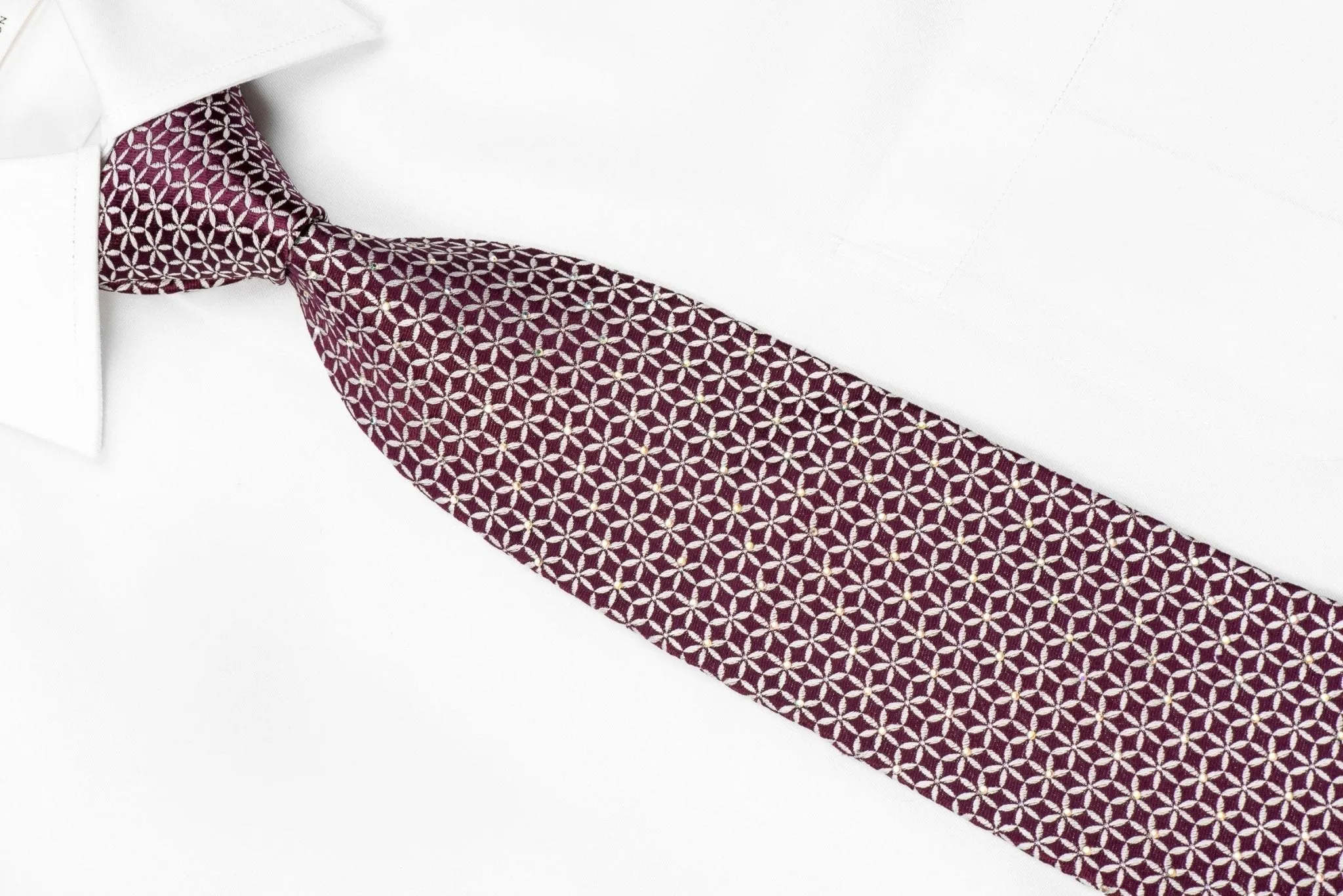 Bruno Baffi Men's Crystal Necktie Silver Trellis On Burgundy Silk With Silver Sparkles