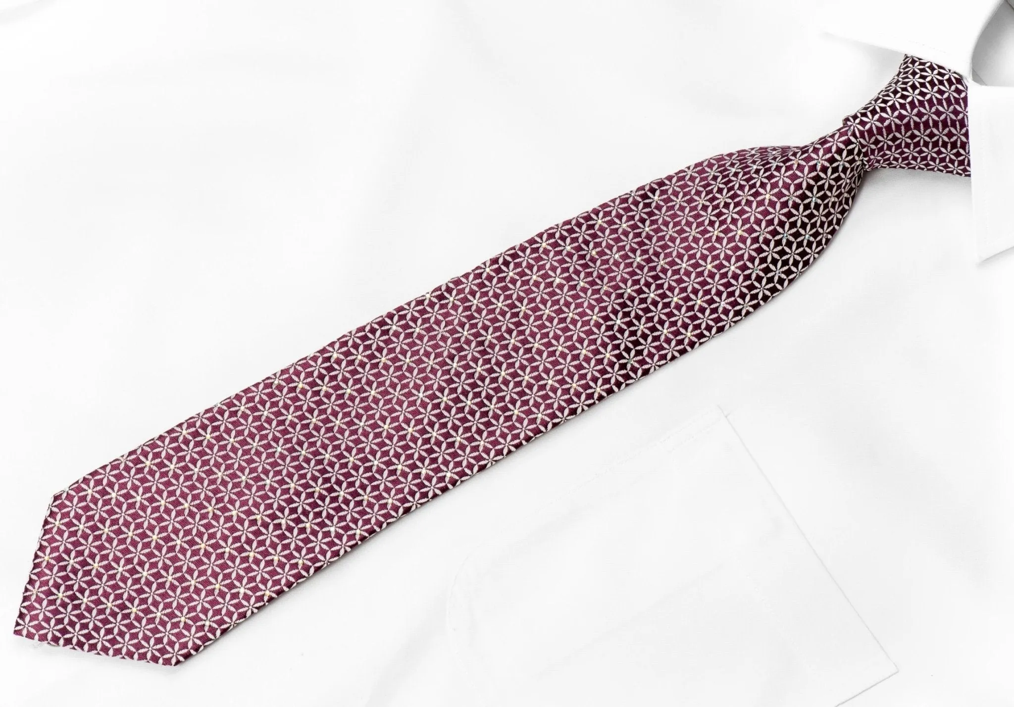 Bruno Baffi Men's Crystal Necktie Silver Trellis On Burgundy Silk With Silver Sparkles