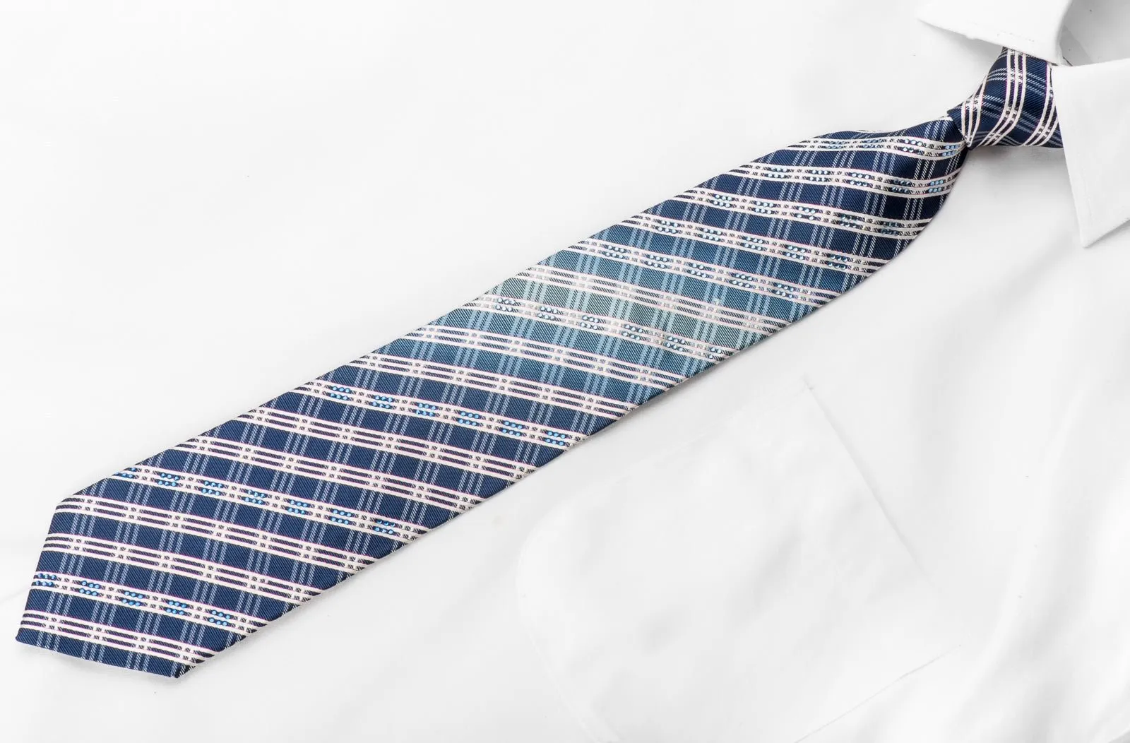 Bruno Baffi Mens Crystal Tie White Striped On Blue Silk With Silver Sparkles