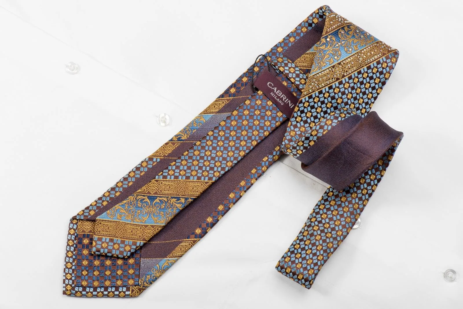 Cabrini Men's Crystal Silk Necktie Gold Blue Cartouche Checker On Brown With Gold Sparkles