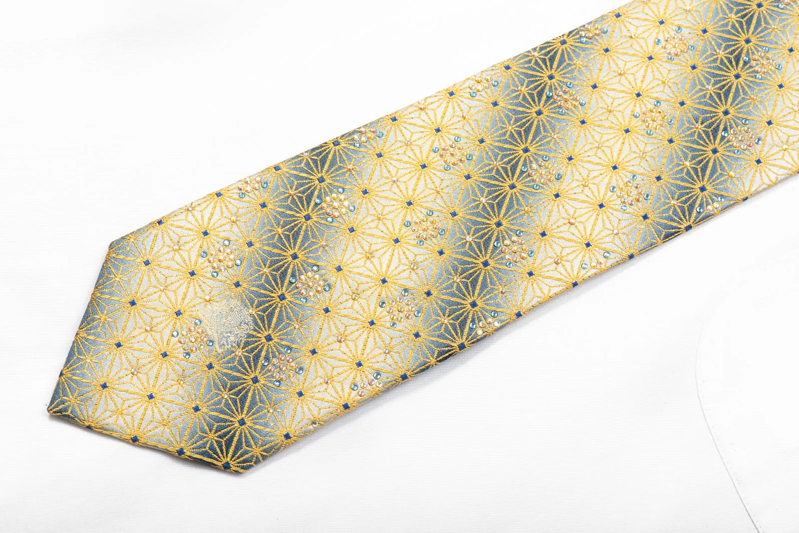 Cabrini Rhinestone Silk Necktie Golden Trellis On Silver With Sparkles