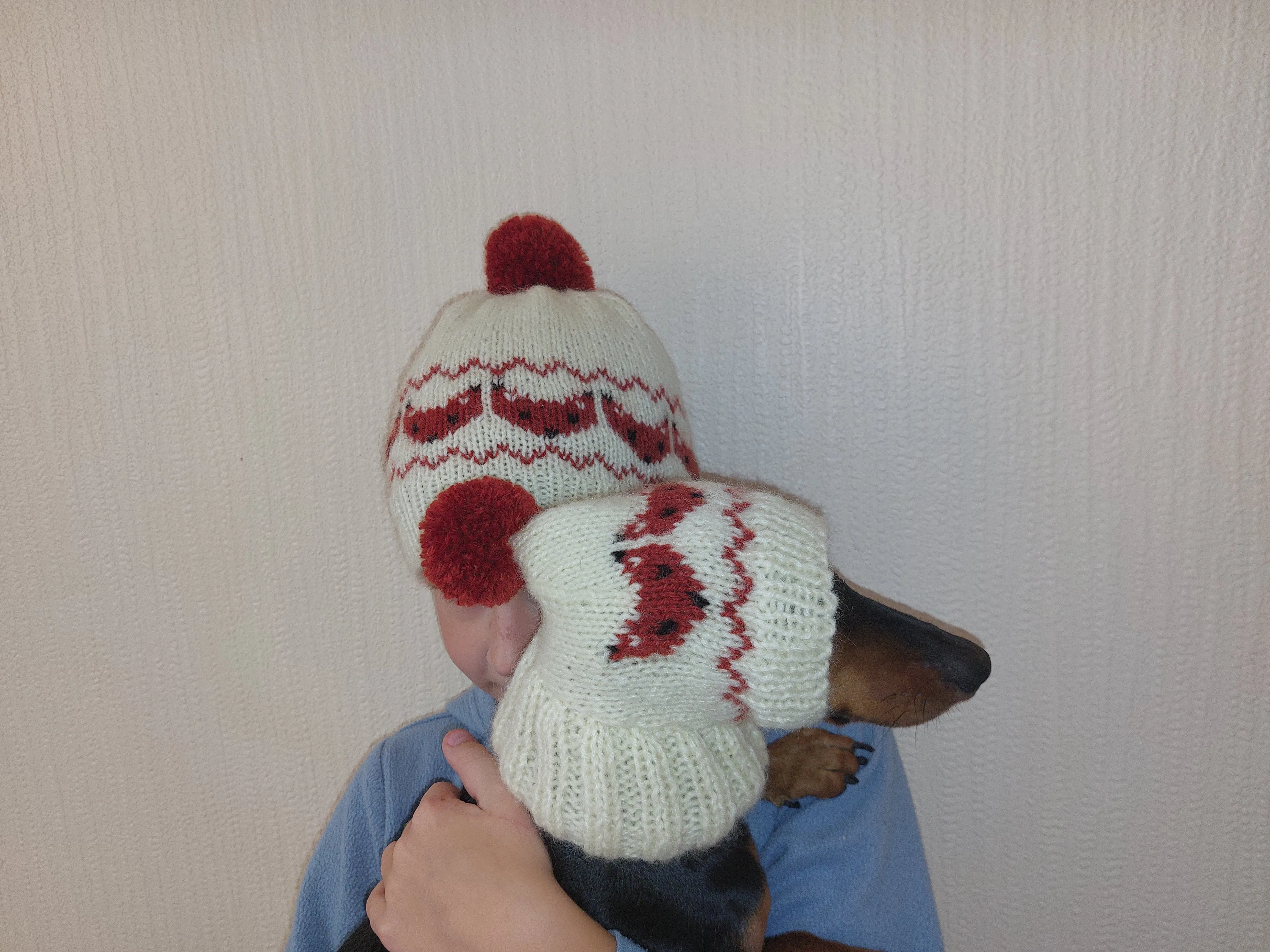 Christmas chanterelles in a set of hats for mom and dog, a set of hats with a fox for the hostess and a pet