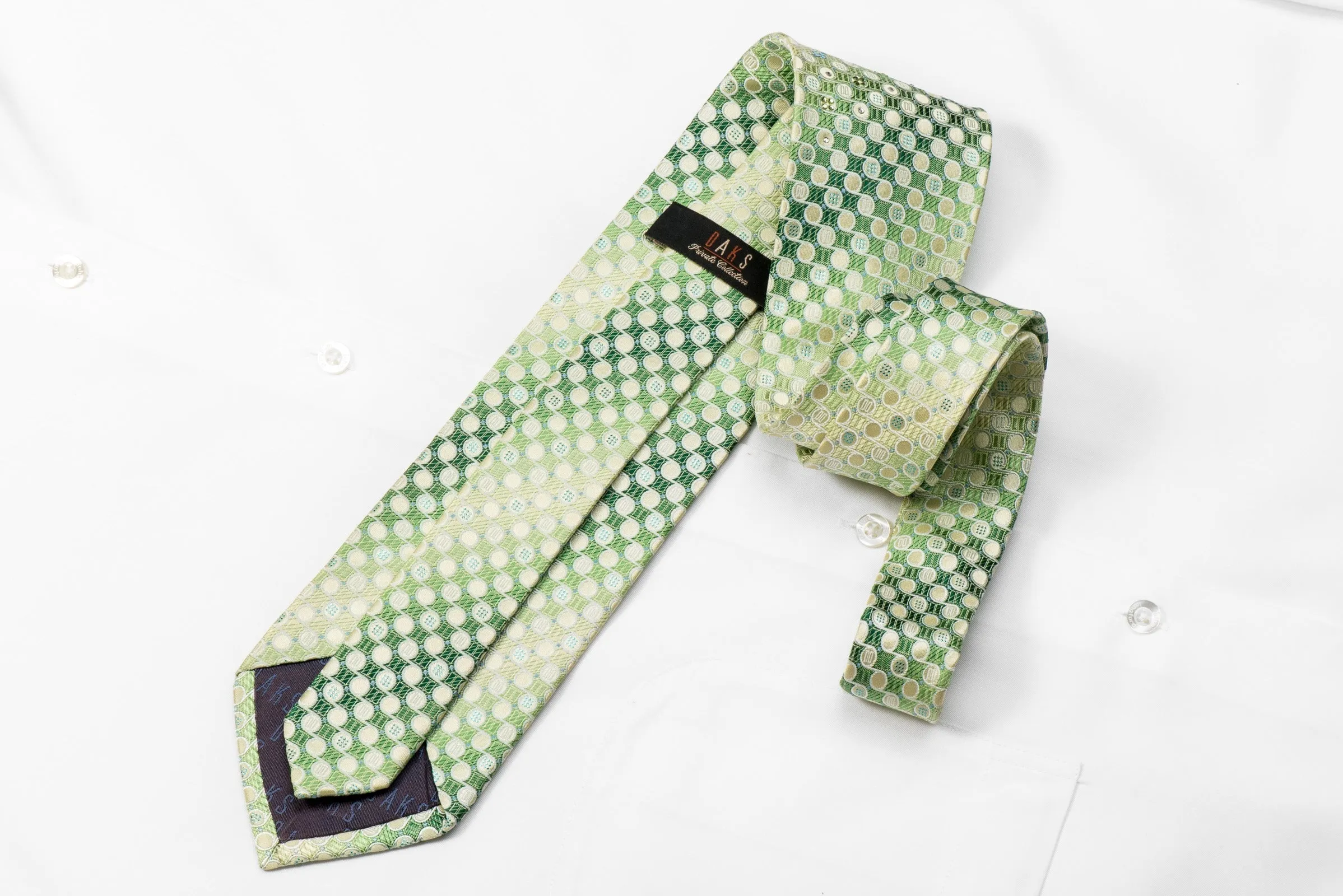 Daks Men's Woven Silk Crystal Tie Geometric Circles On Green With Blue Sparkles