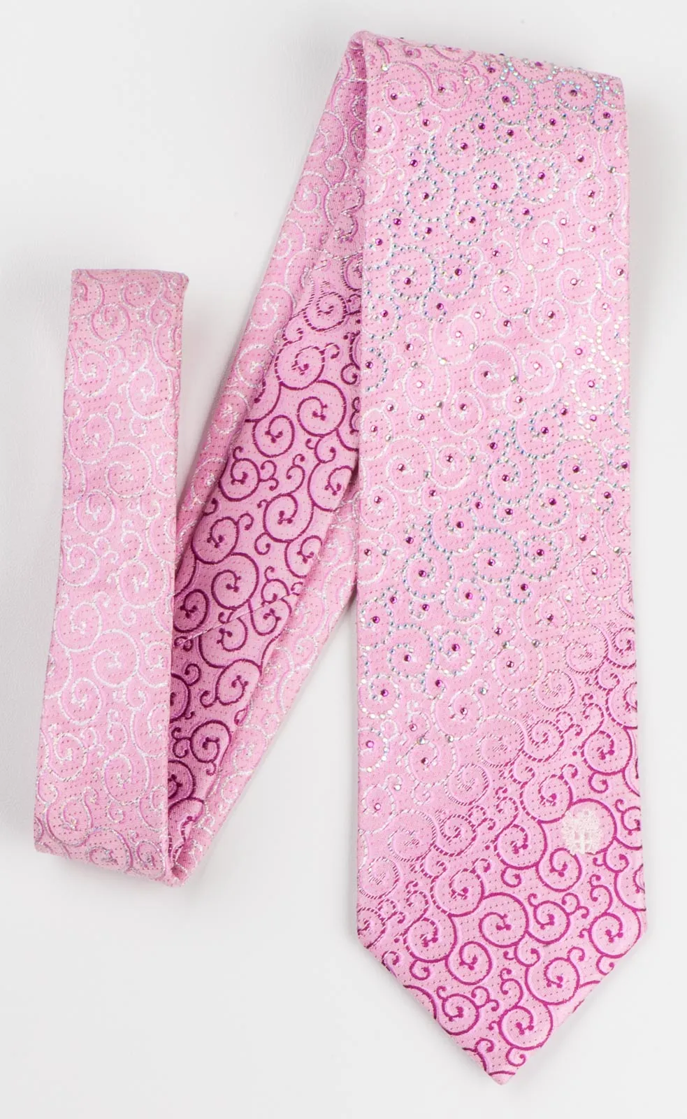 Daks Men's Woven Silk Rhinestone Tie Purple & White Scrolls On Pink With Silver Sparkles