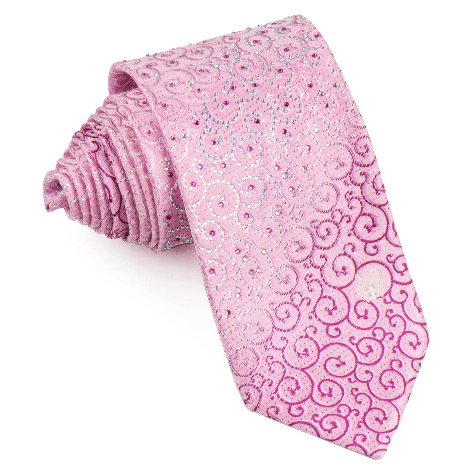 Daks Men's Woven Silk Rhinestone Tie Purple & White Scrolls On Pink With Silver Sparkles