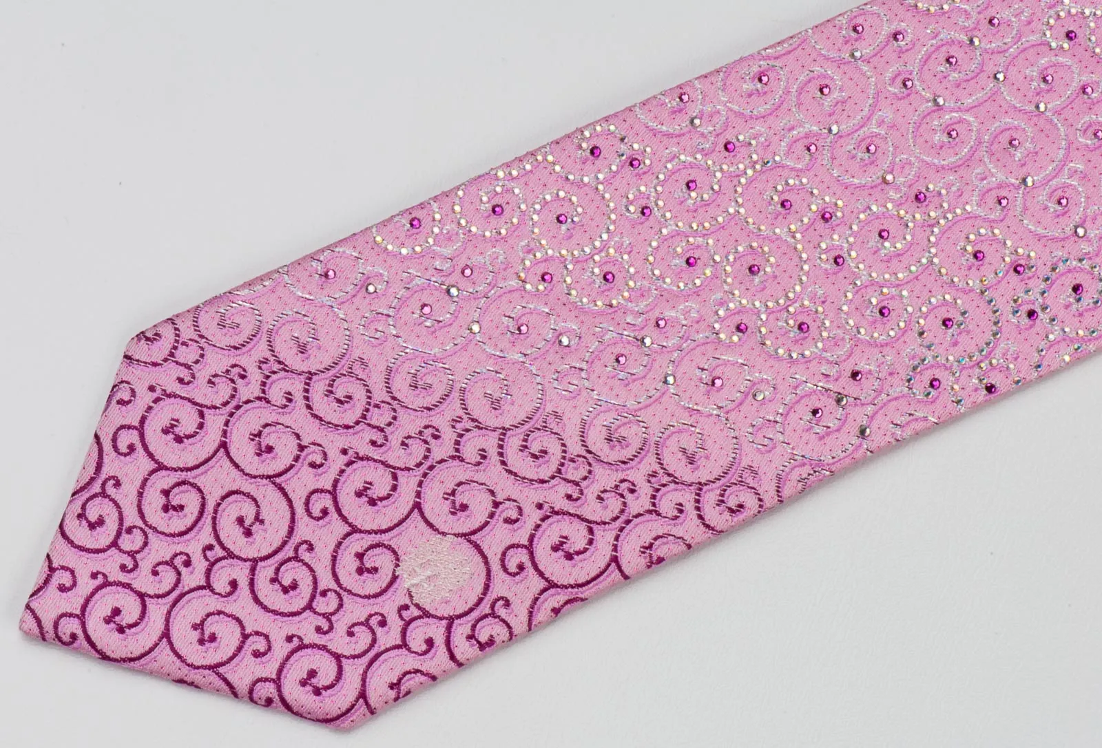 Daks Men's Woven Silk Rhinestone Tie Purple & White Scrolls On Pink With Silver Sparkles