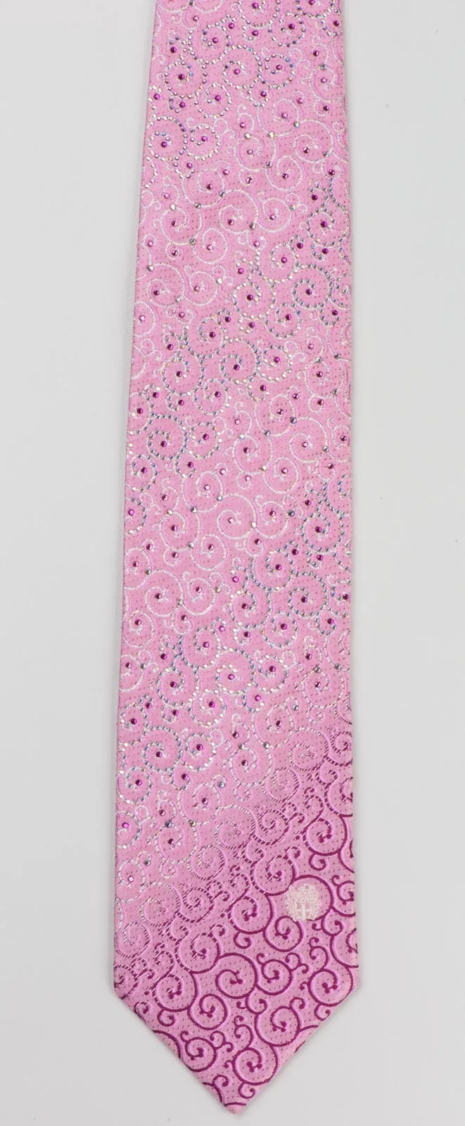 Daks Men's Woven Silk Rhinestone Tie Purple & White Scrolls On Pink With Silver Sparkles