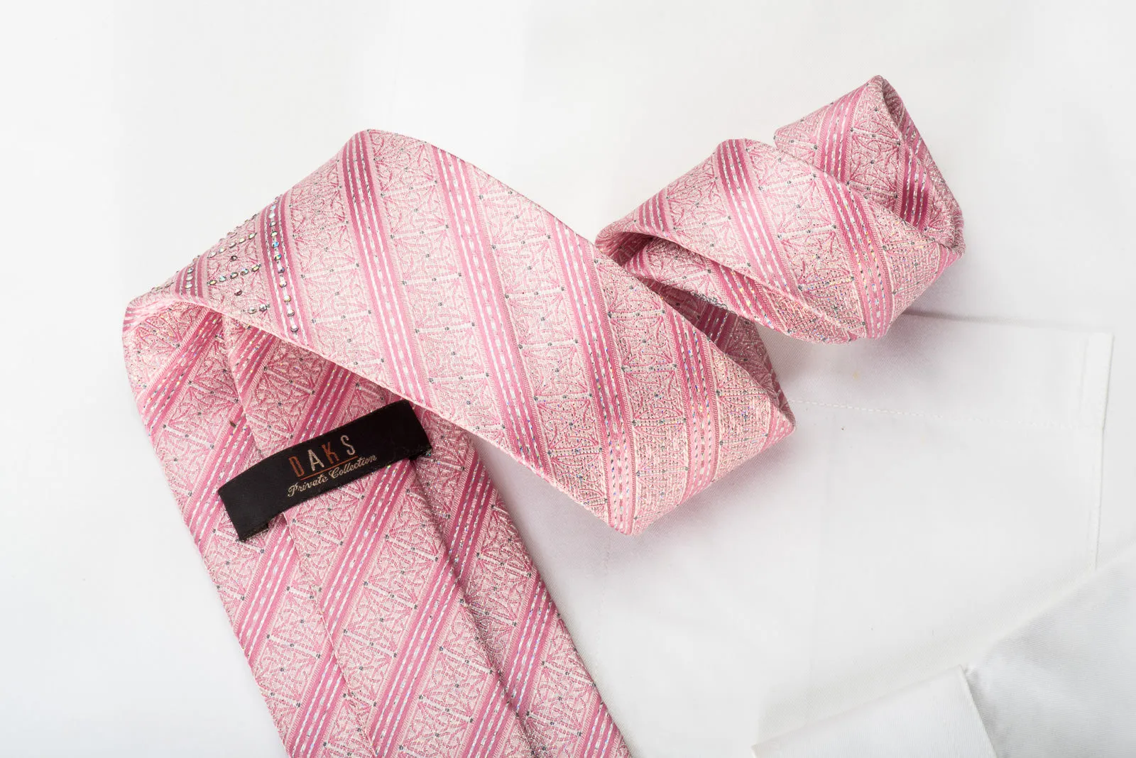 Daks Rhinestone Silk Necktie Pink Striped With Silver Sparkles