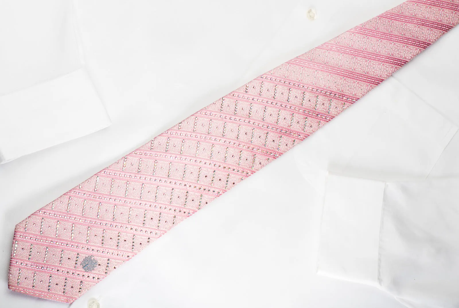 Daks Rhinestone Silk Necktie Pink Striped With Silver Sparkles