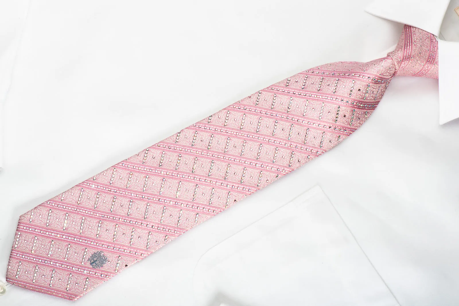 Daks Rhinestone Silk Necktie Pink Striped With Silver Sparkles