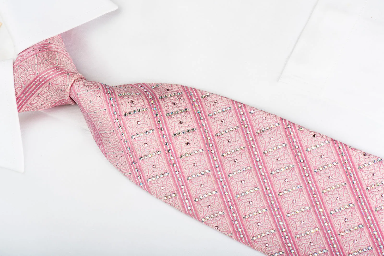 Daks Rhinestone Silk Necktie Pink Striped With Silver Sparkles