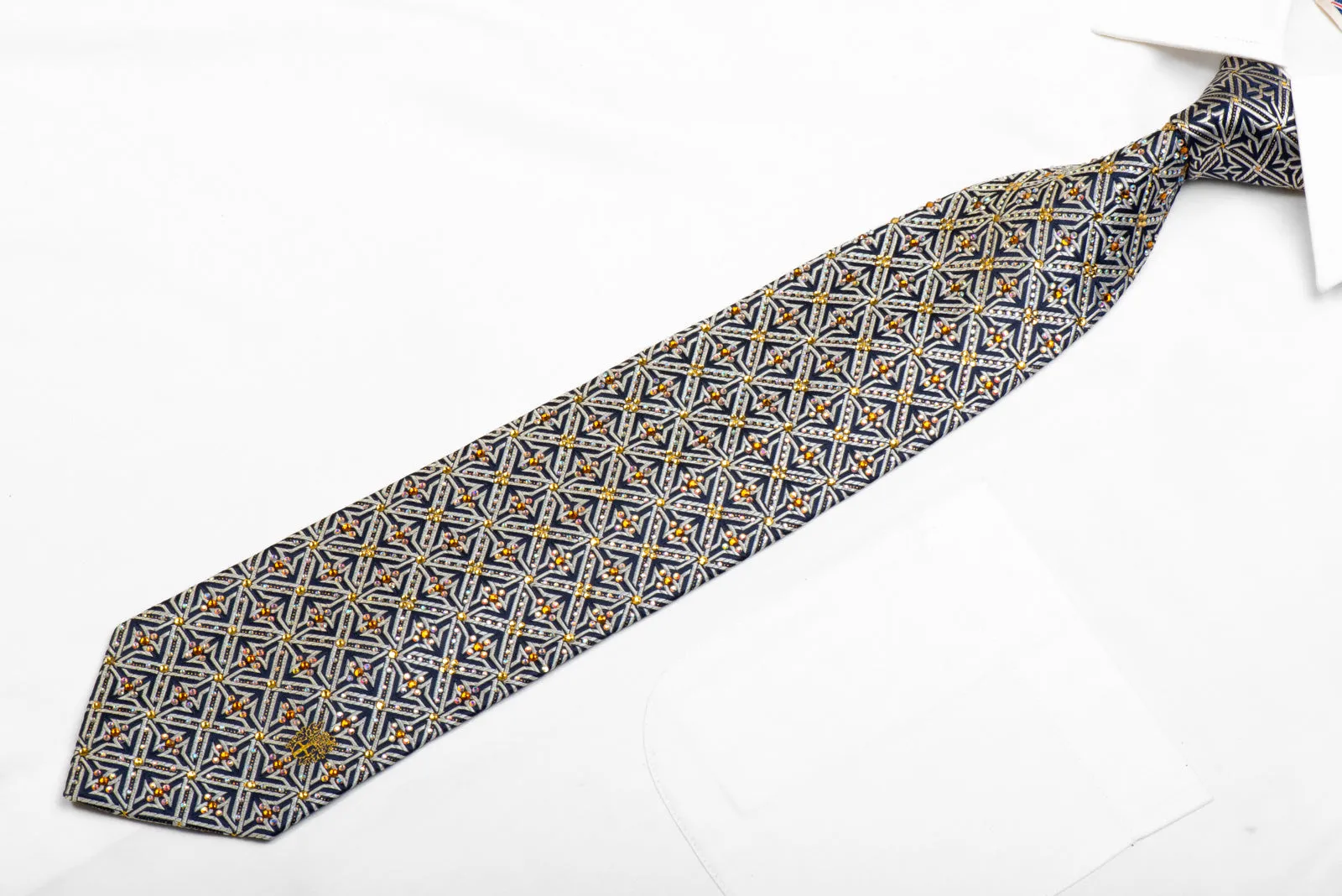 Daks rhinestone Silk Necktie Silver Trellis On Navy With Sparkles