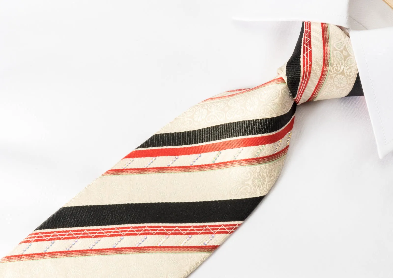 Daks Silk Necktie Black Orange Stripes On Cream White With Rhinestones