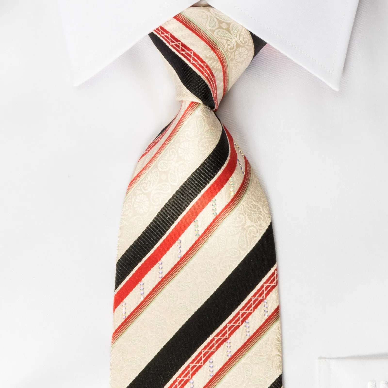 Daks Silk Necktie Black Orange Stripes On Cream White With Rhinestones