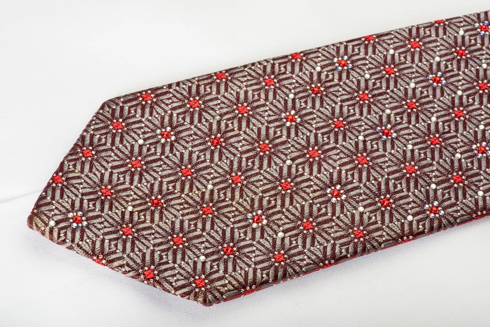 Daks Silk Necktie Silver Geometric Pentagons On Dark Burgundy With Red Rhinestones