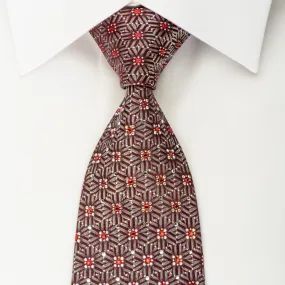 Daks Silk Necktie Silver Geometric Pentagons On Dark Burgundy With Red Rhinestones