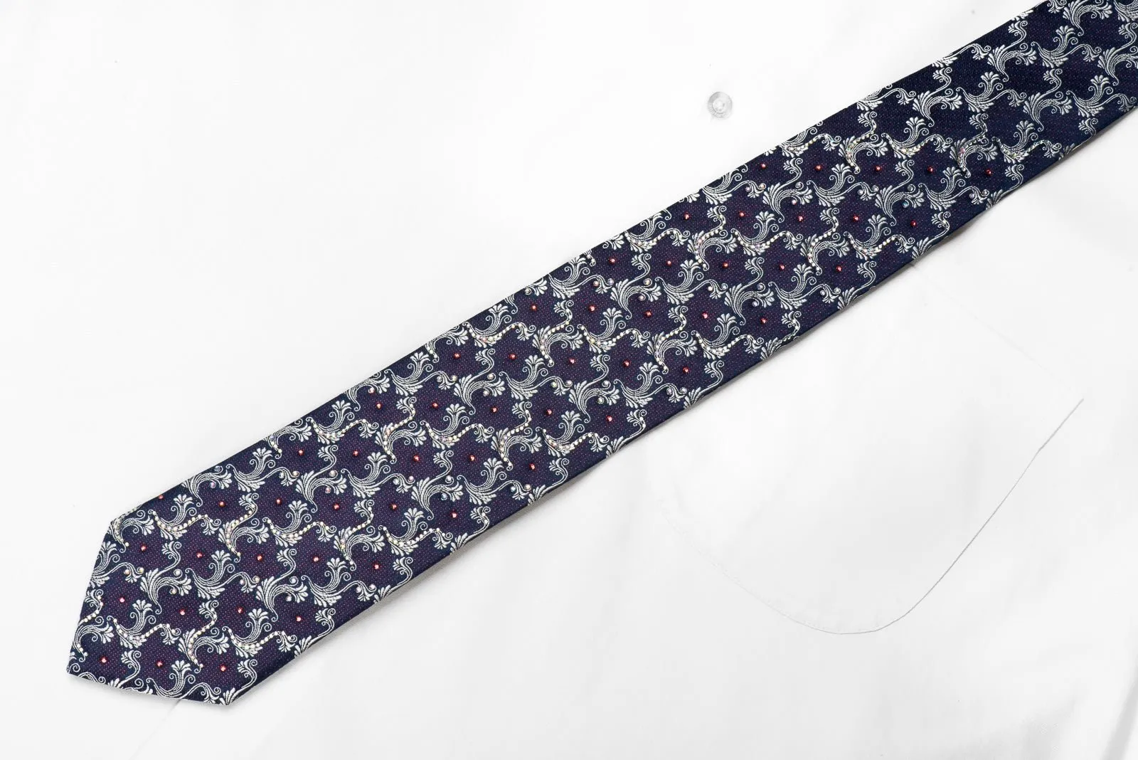 Daniel Hechter Men's Crystal Silk Necktie Silver Acanthus On Blue With Red Sparkles