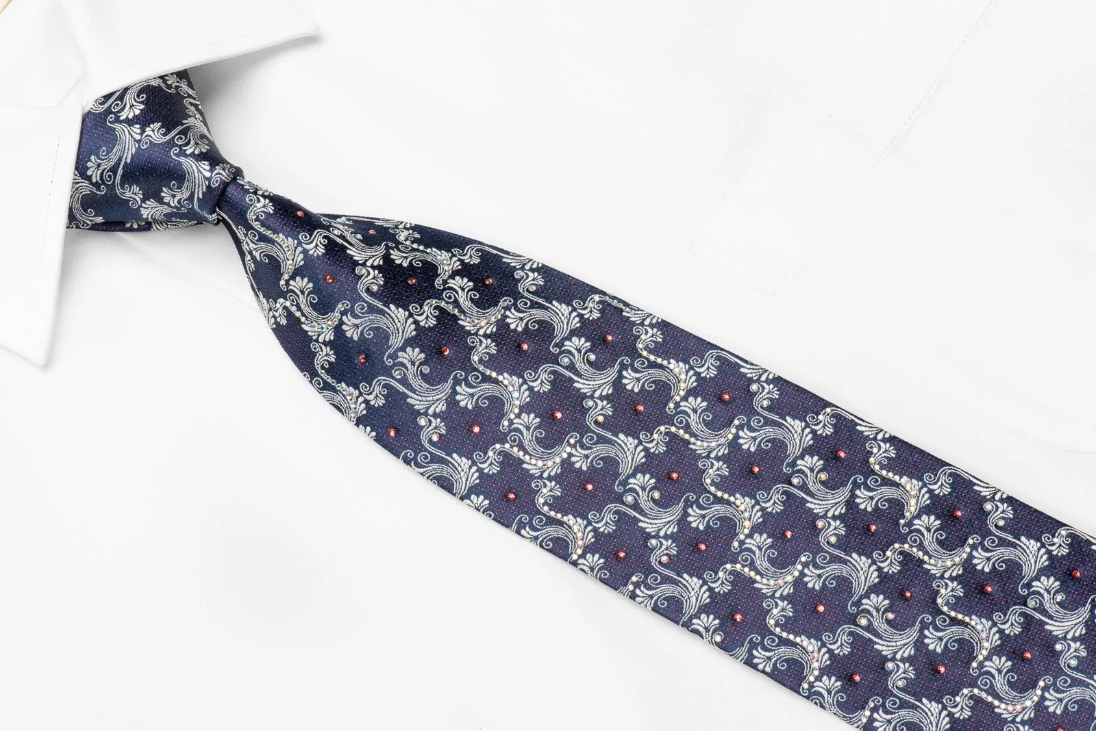 Daniel Hechter Men's Crystal Silk Necktie Silver Acanthus On Blue With Red Sparkles