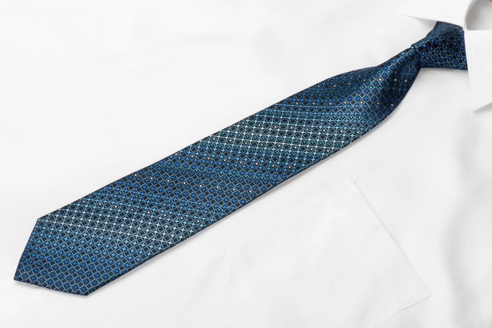 Daniel Hechter Men's Crystal Silk Necktie Trellis On Blue With Silver Sparkles