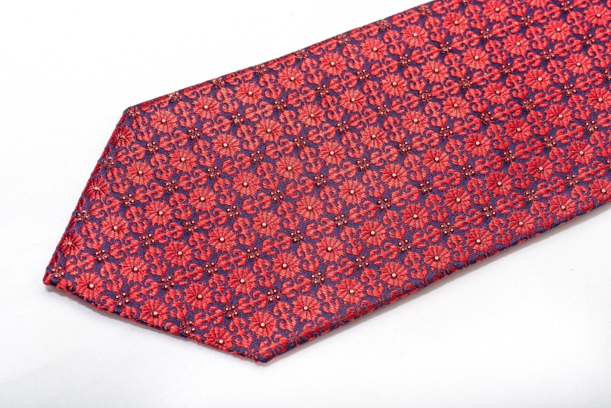 Daniel Hechter Men's Silk Tie Red Floral Cartouche On Blue Sparkling With Red Rhinestuds