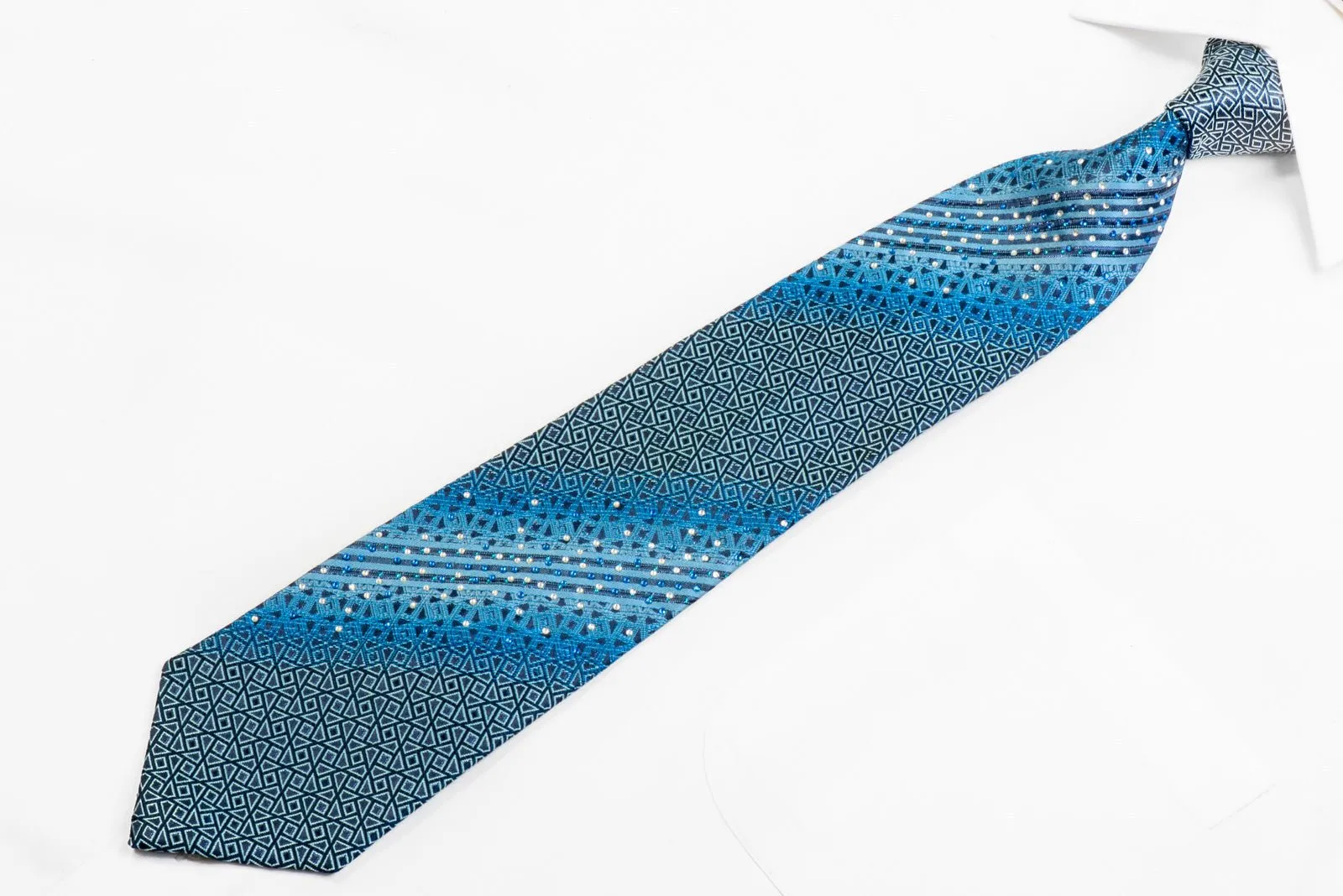 Elegance Rhinestone Silk Tie Blue Striped Geometric On Navy With Sparkles