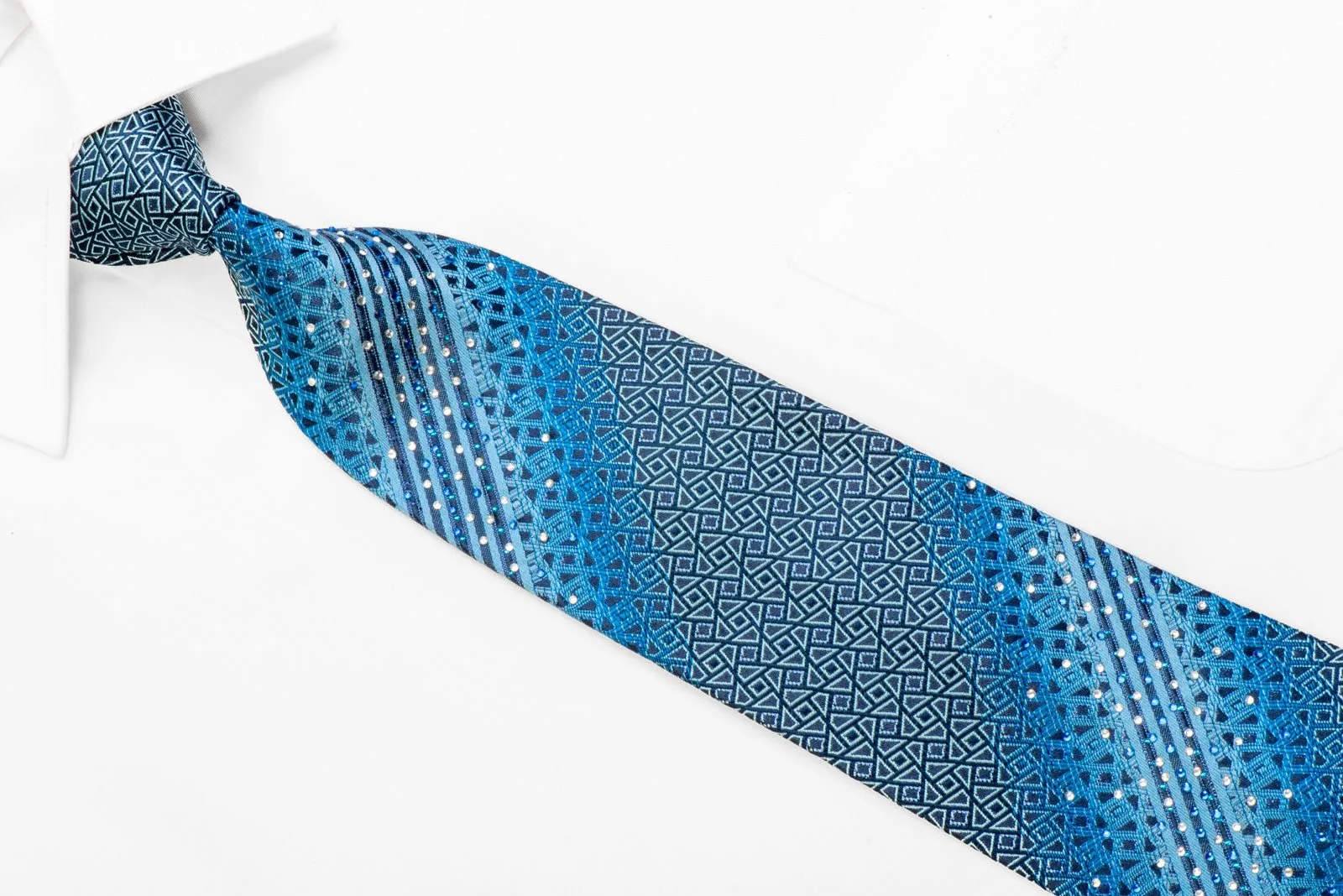 Elegance Rhinestone Silk Tie Blue Striped Geometric On Navy With Sparkles