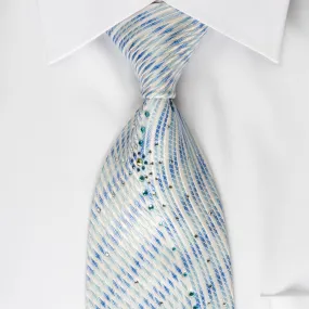 Elegance Silk Necktie Blue Waves On White Sparkling With Crystal Rhinestones