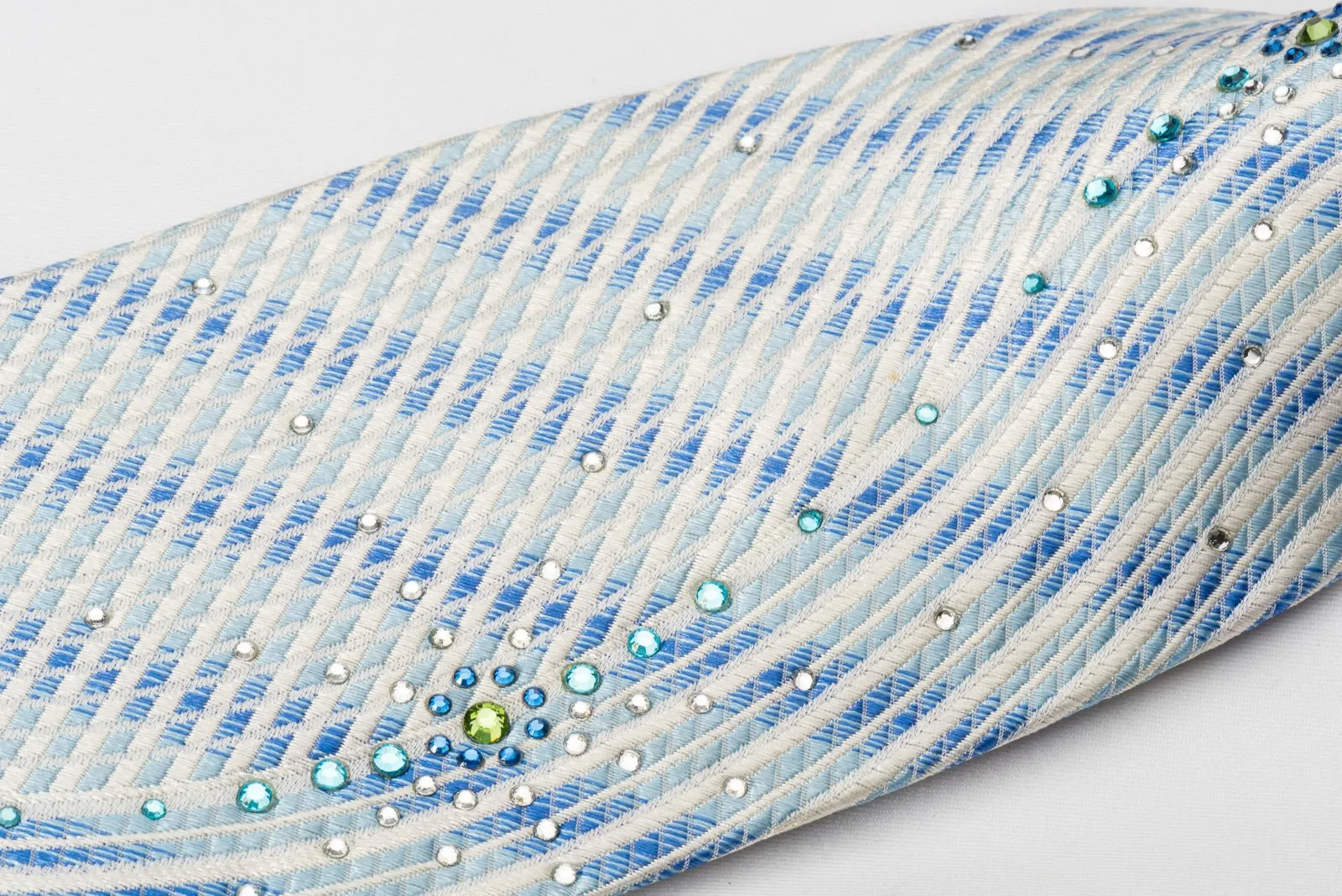 Elegance Silk Necktie Blue Waves On White Sparkling With Crystal Rhinestones