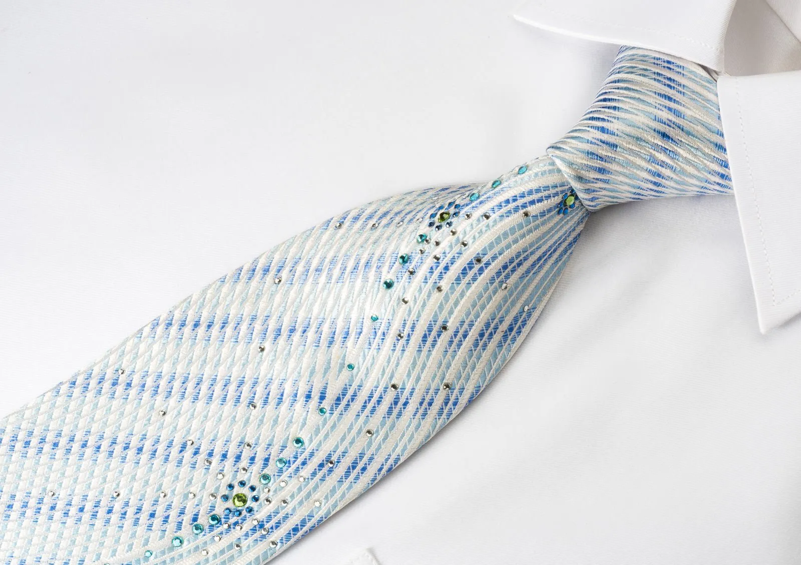 Elegance Silk Necktie Blue Waves On White Sparkling With Crystal Rhinestones