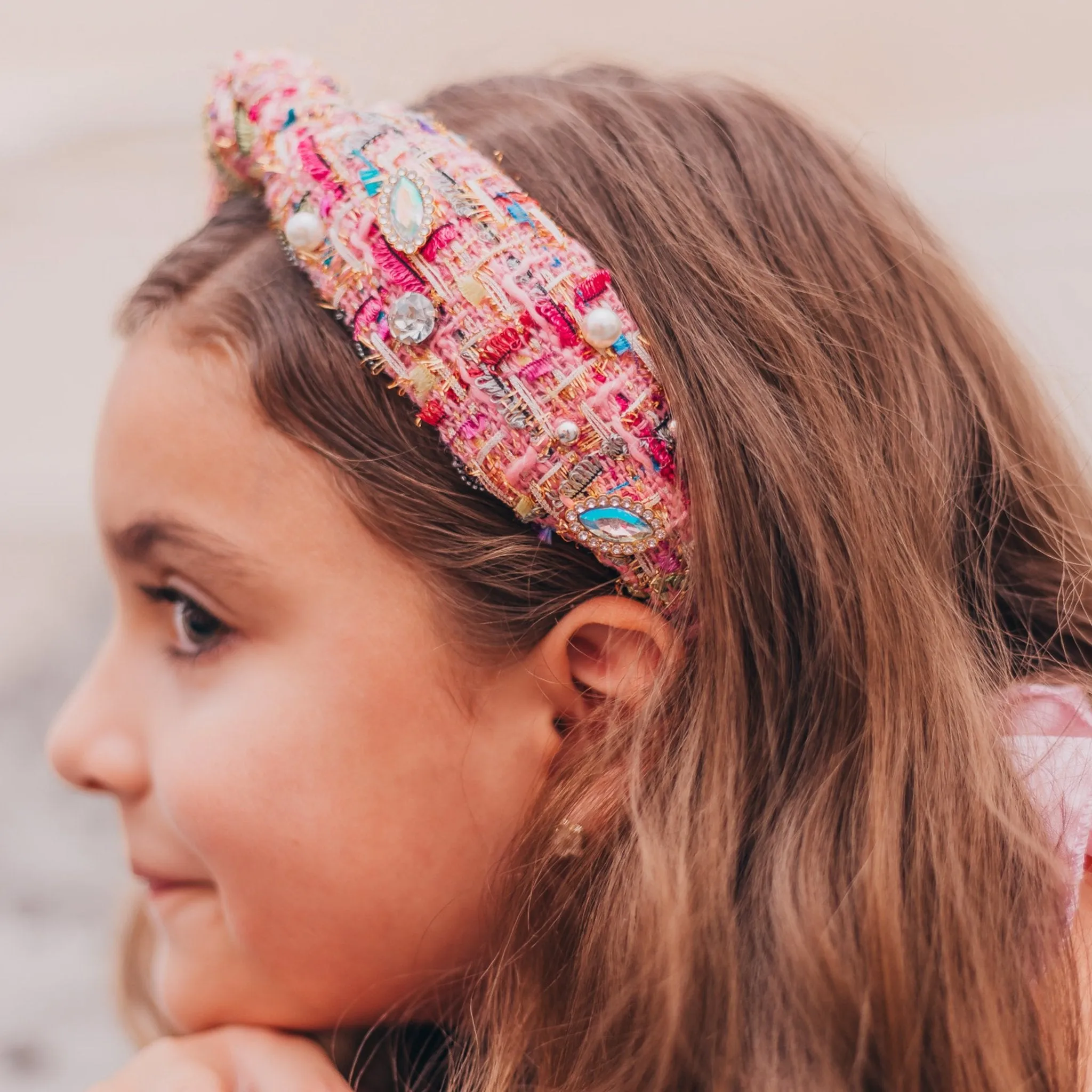 Embellished Knot Headband - Tweed Rhinestone Pearl