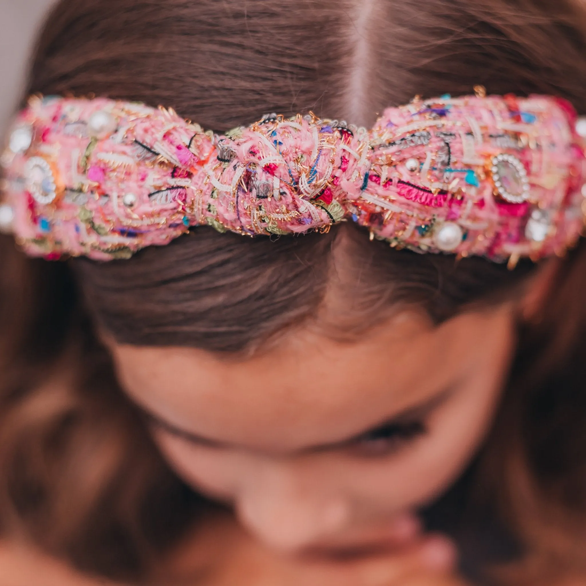 Embellished Knot Headband - Tweed Rhinestone Pearl