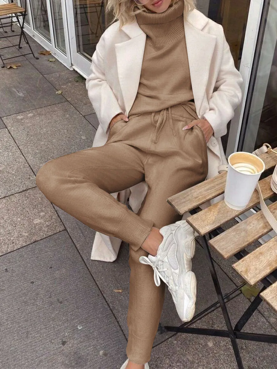 Fashion Casual Long-sleeved Solid Color High-neck Two-piece Suit