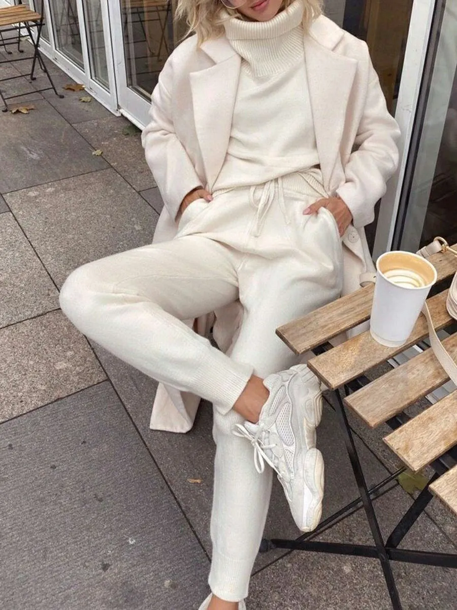 Fashion Casual Long-sleeved Solid Color High-neck Two-piece Suit