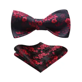 Floral Bow Tie & Pocket Square - A-BURGUNDY/BLACK