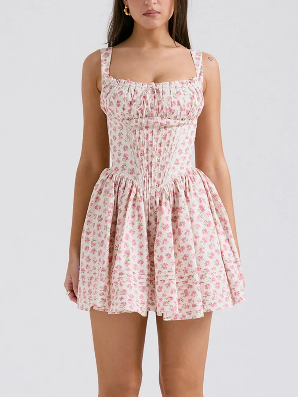 Flytonn- Natassia White Rosebud Print Cotton Mini Dress