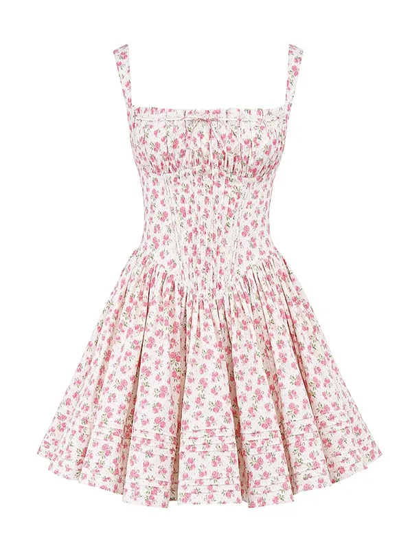 Flytonn- Natassia White Rosebud Print Cotton Mini Dress