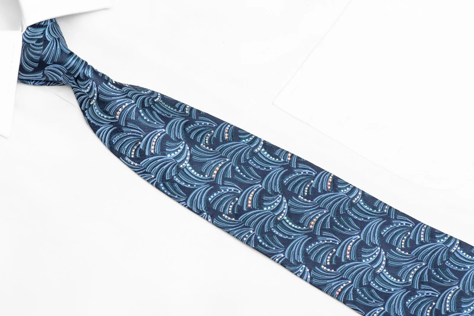 Geometric Fans On Blue Rhinestone Silk Necktie